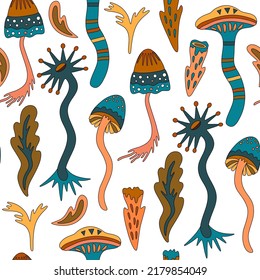 Patrón sin foco con elementos naturales orgánicos. Textura artística dibujada a mano con formas de setas psicodélicas.