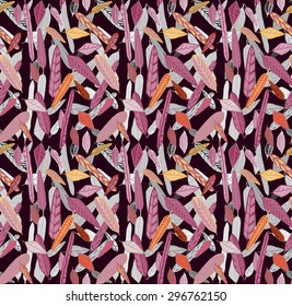 seamless pattern, organic ornament, vector repeating texture, feathers, leaves