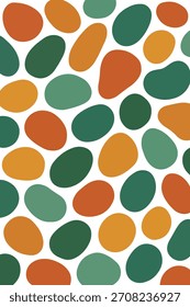 Patrón sin fisuras de Formas orgánicas, como guijarros en colores otoñales cálidos sobre un fondo blanco.