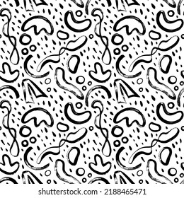 Seamless pattern with organic shapes and dots. Hand-drawn brush stroke lines. Vector background of simple primitive scratchy texture with dots, shapes, circles. Fun black line doodle seamless pattern.