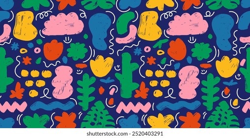 Seamless pattern organic shapes flower hand draw flat background. Childish doodle grunge elements. Template grunge swirls, naive geometric figures. Vector Seamless pattern collage for you design.