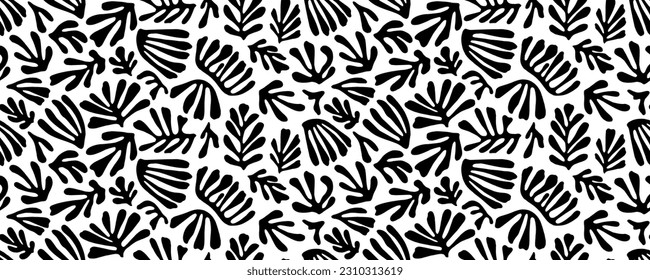 Seamless pattern with organic shapes plants. Contemporary minimalist organic shapes corals Matisse style. Decorative seamless natural ornament. Vector design in paper cut style.