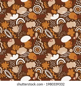 Seamless pattern with organic shapes: spots, lines, dots, waves, flowers, rainbow. Abstract vector illustration with doodles in simple trendy style. Design for fabric, package, cover, wall art, prints