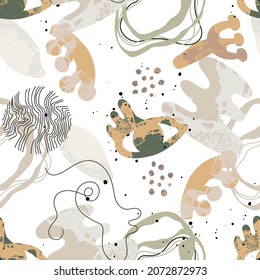 Seamless pattern with organic shapes with texture and linear abstract illustrations in earthy colors on white background. For prints, backgrounds, wrapping paper, textile, linen, wallpaper, etc.