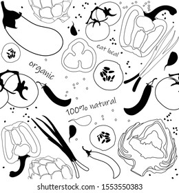 Seamless pattern with organic vegetables on a white background. Stylized vegetables. Eggplant, tomato, garlic, onion, artichoke, pepper, cucumber, green peas. Vector illustration.