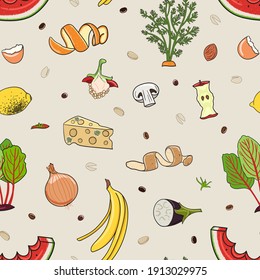 Seamless pattern with organic waste. Leftovers, spoiled products, kitchen scraps, fruit, vegetables. Farming and agriculture. Home composting and zero waste concept. Hand drawn vector illustration.