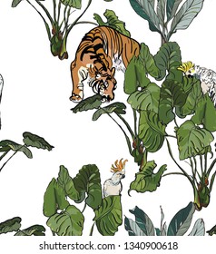Seamless Pattern oriental Asian Chinese Traditional Print Nature Jungle Exotic Tropical Forest Big Leaves and Wildlife Tige Animals with Birds Cockatoo Parrots Banana Trees
