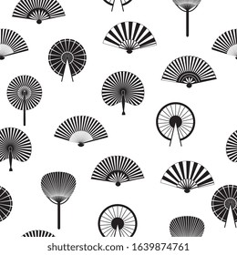 Seamless pattern with oriental asian fans black graphic icons, vector illustration on white background. Endless texture with womens fashion ancient accessorize.