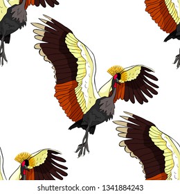 seamless pattern Oriental Crowned Crane spread its wings  vector illustration