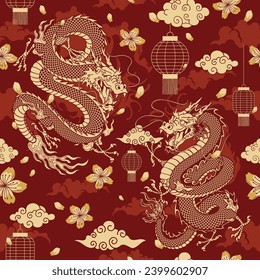 Seamless Pattern of Oriental Dragon with Asian Element