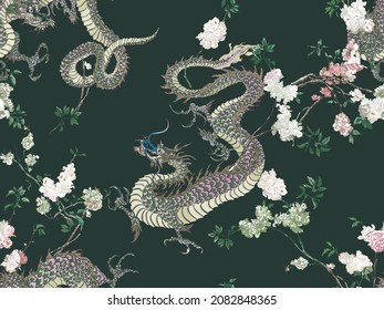 Seamless Pattern with Oriental Dragons, Hand Drawn Asian Pattern, Blooming Trees Garden on Dark Background, Traditional China Print