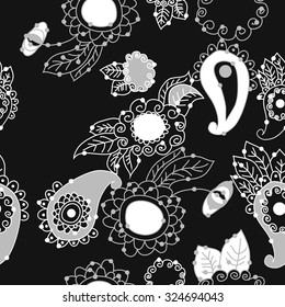 Seamless   pattern  of oriental  and floral motif, ellipses, waves, leaves, spirals. Hand drawn, delicate.