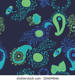 Seamless   pattern  of oriental  and floral motif, ellipses, waves, leaves, spirals. Hand drawn, delicate.
