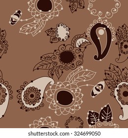 Seamless   pattern  of oriental  and floral motif, ellipses, waves, leaves, spirals. Hand drawn, delicate.