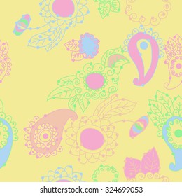 Seamless   pattern  of oriental  and floral motif, ellipses, waves, leaves, spirals. Hand drawn, delicate.