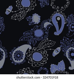 Seamless   pattern  of oriental  and floral motif, ellipses, waves, leaves, spirals. Hand drawn, delicate.