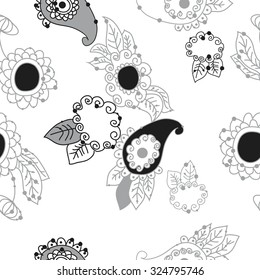 Seamless   pattern  of oriental  and floral motif, ellipses, waves, leaves, spirals, buds. Hand drawn, delicate.
