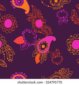 Seamless   pattern  of oriental  and floral motif, ellipses, waves, leaves, spirals, buds. Hand drawn, delicate.