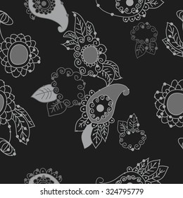 Seamless   pattern  of oriental  and floral motif, ellipses, waves, leaves, spirals, buds. Hand drawn, delicate.