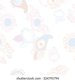 Seamless   pattern  of oriental  and floral motif, ellipses, waves, leaves, spirals, buds. Hand drawn, delicate.