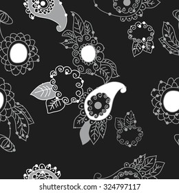 Seamless   pattern  of oriental  and floral motif, ellipses, waves, leaves, spirals, buds. Hand drawn, delicate.