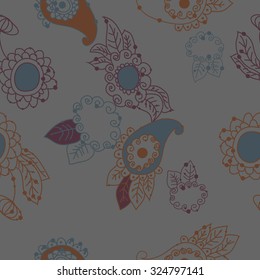 Seamless   pattern  of oriental  and floral motif, ellipses, waves, leaves, spirals, buds. Hand drawn, delicate.