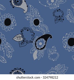 Seamless   pattern  of oriental  and floral motif, ellipses, waves, leaves, spirals, buds. Hand drawn, delicate.