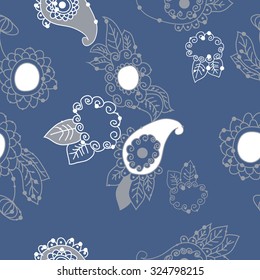 Seamless   pattern  of oriental  and floral motif, ellipses, waves, leaves, spirals, buds. Hand drawn, delicate.