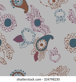 Seamless   pattern  of oriental  and floral motif, ellipses, waves, leaves, spirals, buds. Hand drawn, delicate.