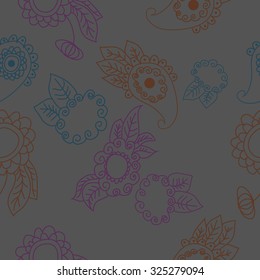 Seamless   pattern  of oriental  and floral motif, ellipses, waves, leaves, spirals, buds. Hand drawn, delicate.