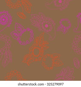 Seamless   pattern  of oriental  and floral motif, ellipses, waves, leaves, spirals, buds. Hand drawn, delicate.