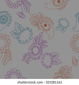 Seamless   pattern  of oriental  and floral motif, ellipses, waves, leaves, spirals, buds. Hand drawn, delicate.