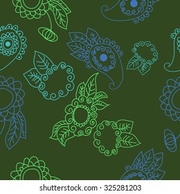 Seamless   pattern  of oriental  and floral motif, ellipses, waves, leaves, spirals, buds. Hand drawn, delicate.