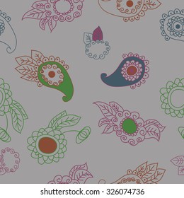 Seamless   pattern  of oriental  and floral motif, ellipses, waves, leaves, spirals, buds. Hand drawn, delicate.