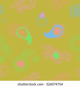 Seamless   pattern  of oriental  and floral motif, ellipses, waves, leaves, spirals, buds. Hand drawn, delicate.