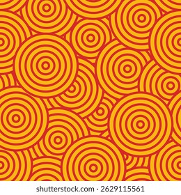 Patrón sin fisuras en estilo tradicional geométrico oriental. Ornamento festivo para la decoración lunar del año nuevo chino. Motivo creativo asiático rojo y dorado. Olas y círculos Abstractas.