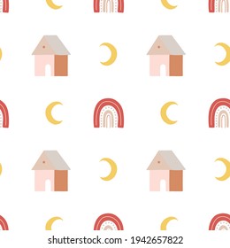 Seamless pattern with oriental house, rainbow and moon. Nice pastel colors. Mid century, modern boho style. For prints, backgrounds, wrapping paper, textile, wallpaper, etc.
