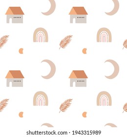 Seamless pattern with oriental house, rainbow, moon and date palm leaf. Nice pastel colors. Mid century, modern boho style. For prints, backgrounds, wrapping paper, textile, wallpaper, etc.