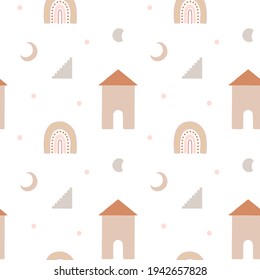 Seamless pattern with oriental house, stairs, rainbow and moon. Nice pastel colors. Mid century, modern boho style. For prints, backgrounds, wrapping paper, textile, wallpaper, etc.