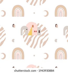 Patrón sin foco con casas orientales, arco iris y luna. Bonitos colores pastel. A mediados de siglo, estilo boho moderno. Para impresiones, fondos, papel de embalaje, textiles, papel pintado, etc.
