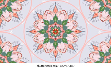 Seamless pattern with oriental mandala ornament made of paisley floral motifs