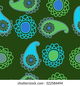 Seamless   pattern  of oriental  motif, ellipses, waves. Hand drawn.