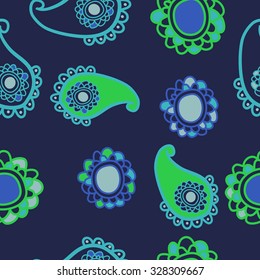 Seamless   pattern  of oriental  motif, ellipses, waves. Hand drawn.