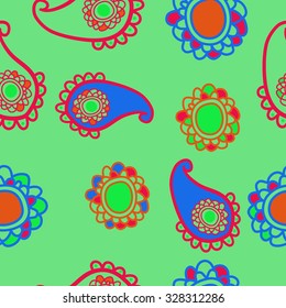 Seamless   pattern  of oriental  motif, ellipses, waves. Hand drawn.