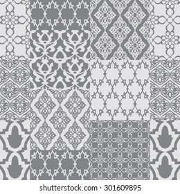 Seamless pattern with oriental motif. Monochrome patchwork background. Set of pattern with filigree ornaments. Vector illustration.