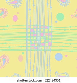 Seamless   pattern  of oriental  motif, stripes, ellipses, waves, cross. Hand drawn.