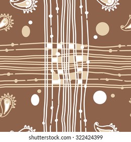 Seamless   pattern  of oriental  motif, stripes, ellipses, waves, cross. Hand drawn.