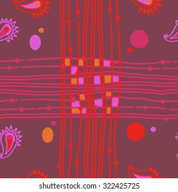 Seamless   pattern  of oriental  motif, stripes, ellipses, waves, cross. Hand drawn.