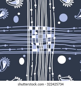 Seamless   pattern  of oriental  motif, stripes, ellipses, waves, cross. Hand drawn.