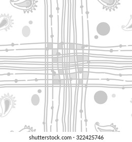 Seamless   pattern  of oriental  motif, stripes, ellipses, waves, cross. Hand drawn.